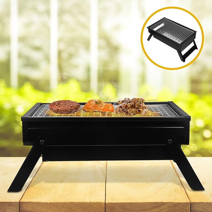 HEMOTON Foldable Portable Charcoal Grill Small Outdoor Bbq Grill with Upgraded Pull-out Charcoal Box Thickened Medium Size for 1-3 People Camping Patio Backyard Cooking