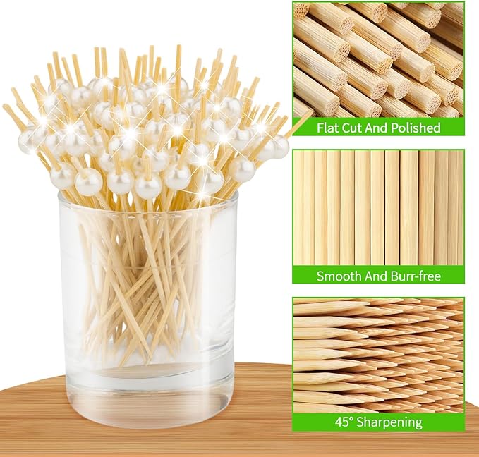 100 Pcs Cocktail Picks, Decorative Pearl Toothpicks, for Holiday Valentines Day Theme Party Wooden Long Cocktail Sticks Appetizers Fruits Drink Garnish Decorations Party Supplies (4.7 Inch)