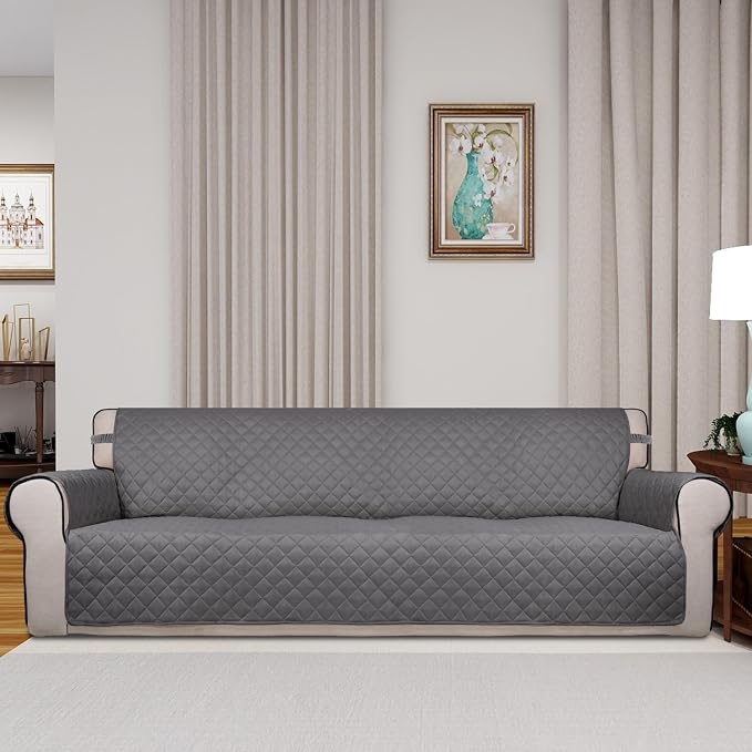 PureFit Reversible Quilted Couch Covers for Dogs Sofa Cover 4 Seater 88" | Gray/Ivory, Water Resistant Couch Protector, Washable Pet Couch Cover with Non Slip and Elastic Straps For Kids