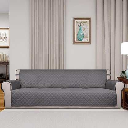 PureFit Reversible Quilted Couch Covers for Dogs Sofa Cover 4 Seater 88" | Gray/Ivory, Water Resistant Couch Protector, Washable Pet Couch Cover with Non Slip and Elastic Straps For Kids
