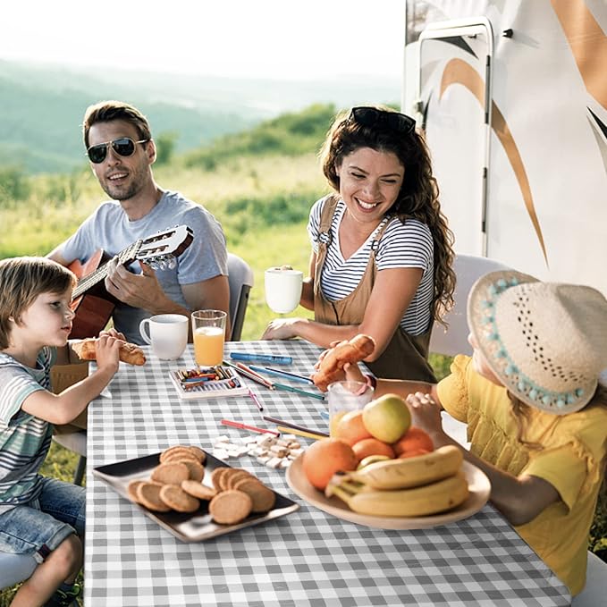 UMINEUX Picnic Table Cover with Bench Covers Fitted Table Clothes for 6 Foot Rectangle Tables Vinyl Flannel Backing with Elastic Edge -for Outdoor/Indoor Party&Dining(30x72 Inch,3-Pieces, Gray Plaid)