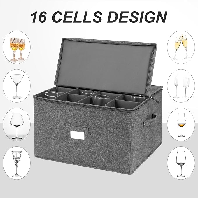 popoly Stemware Storage Cases, Wine Glass Storage Box Containers with Dividers for Glassware or Crystal, Holds 16 Red or White Wine Glasses, Hard Top and Stackable (Grey) | Glassware Storage Containers for Glassware or Crystal, Holds 16 Red or White Wi...