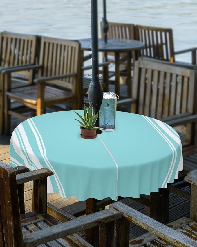 QueenKer Outdoor Tablecloth with Umbrella Hole, Farmhouse Teal White Stripe Round Tables Waterproof Tabletop Collection for Patio, Garden, Picnic, Camping, Dining 60R