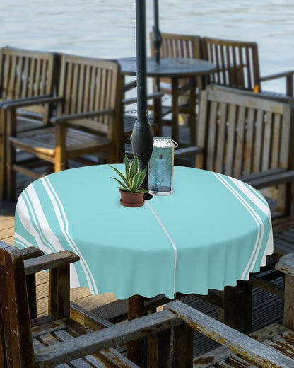 QueenKer Outdoor Tablecloth with Umbrella Hole, Farmhouse Teal White Stripe Round Tables Waterproof Tabletop Collection for Patio, Garden, Picnic, Camping, Dining 60R