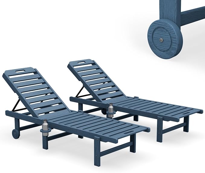 SERWALL HDPE Outdoor Chaise Lounge Set of 2 with Cup Holder & Wheels, Blue | Weather-resistant chaise lounge resists fading, with 5-level adjustable back, cup holder and wheels.