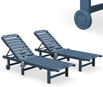SERWALL HDPE Outdoor Chaise Lounge Set of 2 with Cup Holder & Wheels, Blue | Weather-resistant chaise lounge resists fading, with 5-level adjustable back, cup holder and wheels.
