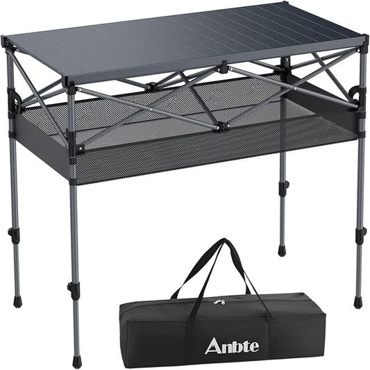 Anbte 34.2” Tall Camping Table Foldable, 2 Adjustable Height Large Roll Up Camping Table Support 264lbs with Storage Basket and Bag, Waterproof, for Travel BBQ Outdoor Patio, 39.4” x 19.7”, Black
