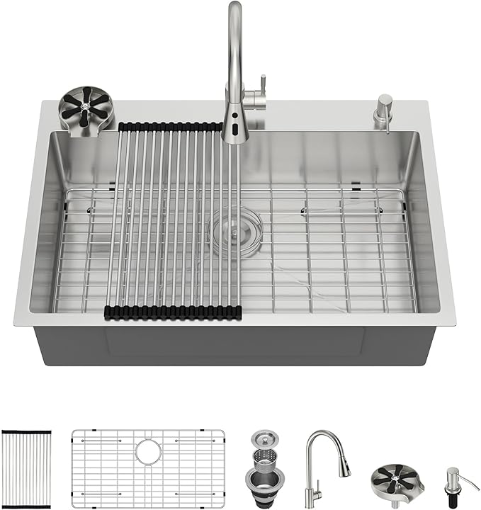 33x22 Drop In Kitchen Sink with Faucet Combo16 Gauge Stainless Steel Single Bowl Kitchen Sink Large Deep Round Corner Handmade Topmount Overmount Basin Kitchen Sinks