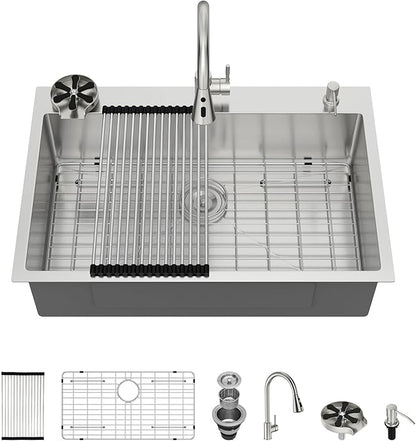 33x22 Drop In Kitchen Sink with Faucet Combo16 Gauge Stainless Steel Single Bowl Kitchen Sink Large Deep Round Corner Handmade Topmount Overmount Basin Kitchen Sinks