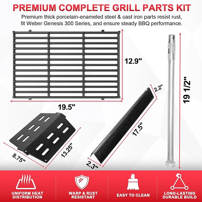 Grill Parts Kit for Weber Genesis 300 310 330 Genesis E330 E310 S310 S330 EP330 S320 E320 Grill Parts 17.5" Flavorizer Bars, Genesis 7528 Grates Heat Deflector Grill Parts Kit, 3Pcs 62752 Burner Tube