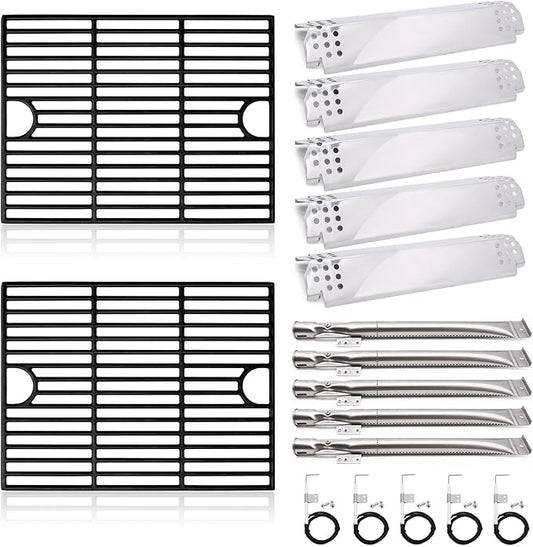Grill Replacement Parts for Nexgrill 5 Burner 720-0888N, 720-0888, 4 Burner 720-0830H, 17 Inch Cast Iron Cooking Grates, Stainless Steel Burners Tubes, Heat Plate Shields, Electronic Ignitors.