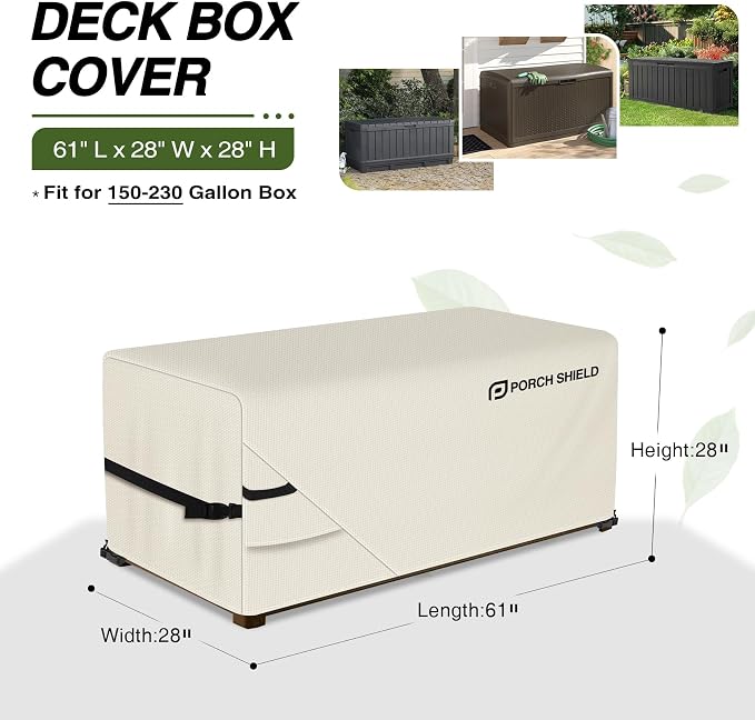 Porch Shield Patio Deck Box Storage Cover - 600D Outdoor Waterproof Cover for 150-230 Gallon Box Tear Resistant Rectangular Fire Pit Table Covers 61 x 28 x28 inch Beige