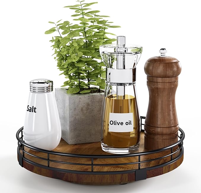 AMH 9-Inch Farmhouse Oak Lazy Susan Cabinet Organizer, Walnut Finish | Smooth rotating oak tray with walnut finish for dining tables, kitchen counters, pantries and cabinet storage.