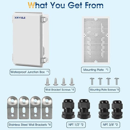Waterproof Outdoor Project ABS Plastic Junction Box IP67 Weatherproof Dustproof Enclosure with Hinged Cover, Mounting Plate,Wall Brackets for Power Project (11"X7.5"X5.5")