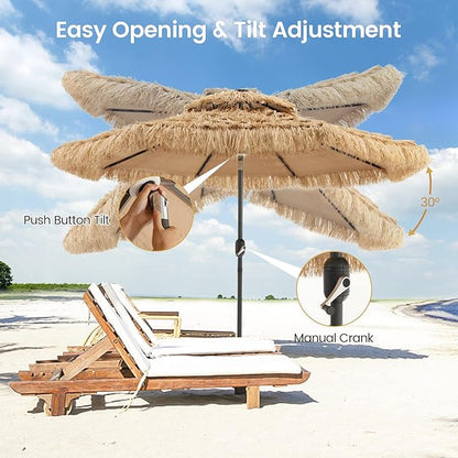 Tangkula 9 ft Thatched Patio Umbrella, 2 Tier Hawaiian Style Grass Beach Umbrella with 32 Led Lights, Center Light, Solar Tiki Umbrella with 8 Ribs, Tilt Adjustment, Manual Crank for Backyard Pool