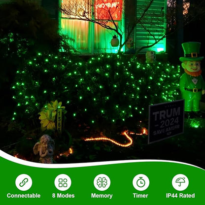 QITONG Green Net Lights Outdoor Mesh Lights, 360 LED 12ft x 5ft Christmas Net Light with 8 Modes, Clear Wire Bush Light Plug in