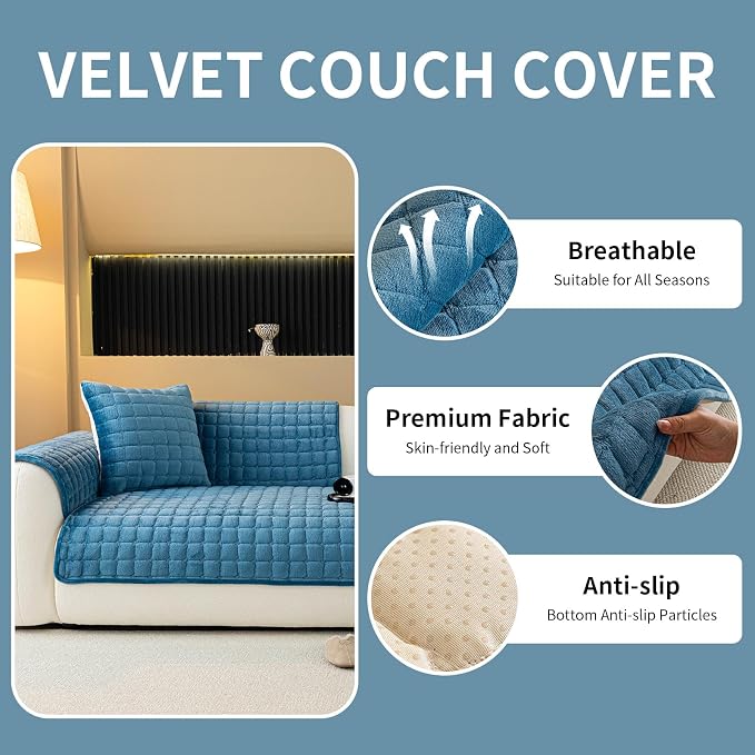 Velvet Couch Cover, Plush Sectional Sofa Cover Washable, Anti Slip Sofa Slipcover for 3-4 Cushions Sofas, Furniture Protector Covers for Pets & Kids(1PC, Blue, 35.4"×82.6", 3-4 Seater)