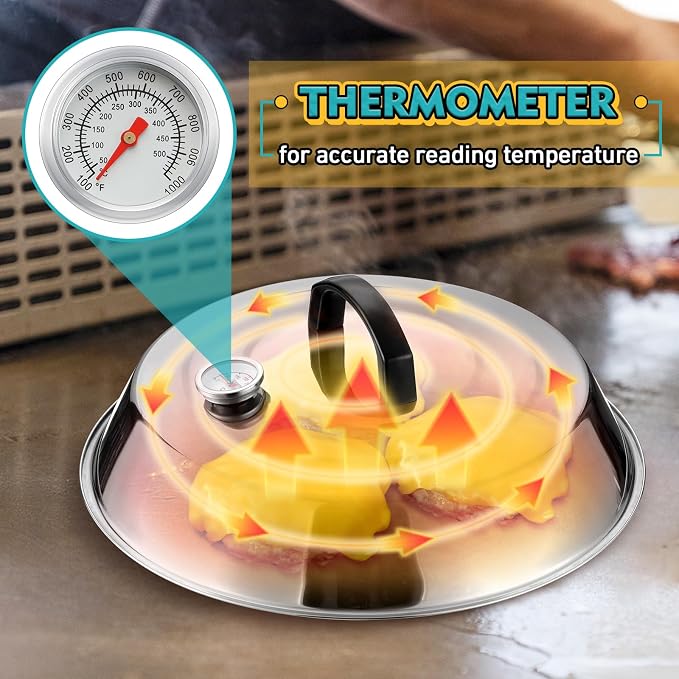 12Inch Cheese Melting Dome, HaSteeL Stainless Steel Round Basting Steaming Cover, Large Solid Griddle Dome & Grill Lid with Thermometer, For Flat Top Teppanyaki BBQ Camping Cooking Indoor & Outdoor