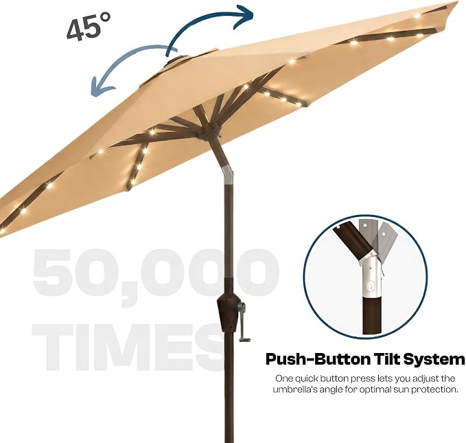 10FT Solar Lighted Patio Umbrella, Outdoor Table Market Umbrellas with Push Button Tilt and Crank, 32 LED Lights, 8 Sturdy Ribs, UV-Resistant for Deck, Garden, Pool