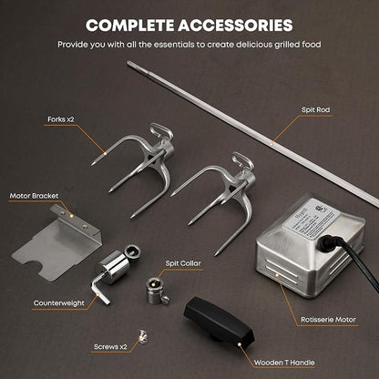 Hygrill Rotisserie Kit for All Hygrill 3-Burner Built-in Gas Grills | Grill Rotisseries with Motor, 28" Spit Rod, 2 x 4-Prong Forks, Complete Holders, and Fixing Screws