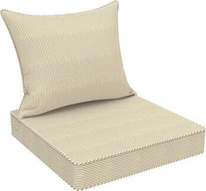 DYTXIII Outdoor Deep Seat Cushion Set, Water Repellent 22"x22" Patio Thick Cushions Replacement with Seat & Back Pillow for Patio Sofa, Wicker Chair, Couch - Stripe Beige