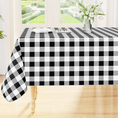 Smiry Picnic Table Cloth, Vinyl Tablecloths with Flannel Backing, 54"x54" | Waterproof Square Table Cloth, Wipeable Buffalo Plaid Table Cover for Indoor and Outdoor (Black & White)