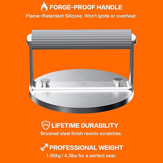 The Artisan Sear Press by QAP | Heavy Duty 1.95kg Stainless Steel Grill Press for Smashed Burgers, Steak, Fish & Salmon | Professional Meat & Seafood Weight |163mm Round BBQ Hot Plate Accessory BP1-01