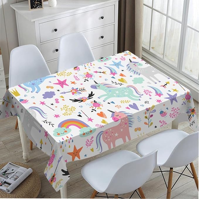 TKS MITLAN Unicorn Tablecloth Decor Rainbow Cute Doodle Fun Beautiful Cartoon Art Blue Flowers Leaf Table Cloth Dining Room Kitchen Table Cover 60" X 84" Oblong/Rectangle