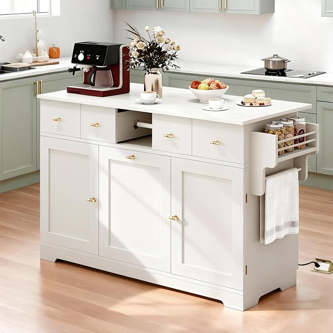YITAHOME 59" Rolling Kitchen Island with Drop Leaf & Power Outlet, Double Pull-Out Kitchen Trash Can, Fits 10-Gal Waste Bin, Portable Islands on Wheels with Door Storage & Spice Rack, White