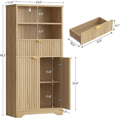 Tall Storage Cabinet with Adjustable Shelf & Drawer, Fluted Cabinet with Doors, Kitchen Pantry Cabinets, Bathroom Storage Cabinets, for Living Room, Entryway, Home Office, Natural