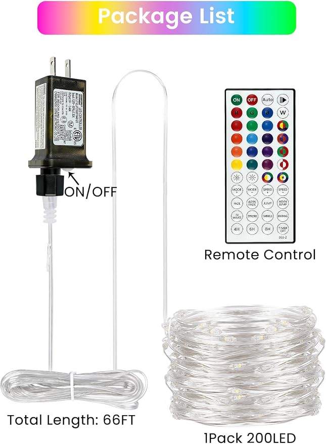 66FT 200 LED RGB Color Changing Fairy Lights with Remote for Outdoor Indoor | 128+ Modes, Brightness and Speed Adjustable, Timer, Waterproof String Lights for Bedroom Garden Halloween Christmas Decor