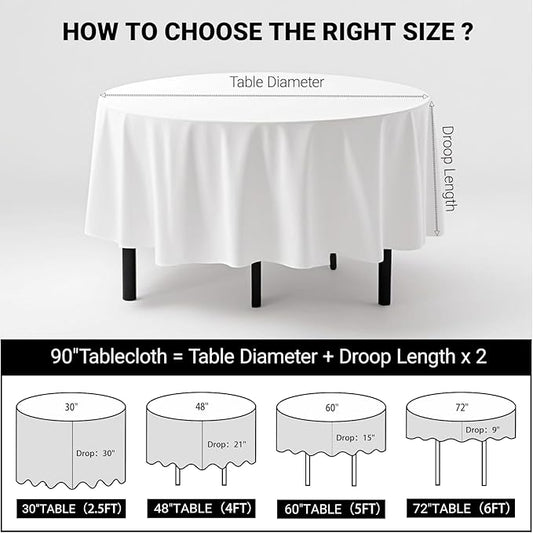 MRJ Round Tablecloth 90 Inch Washable Resistant Wrinkle Polyester Table Cloth White Fabric Table Cover for Buffets Parties Picnics