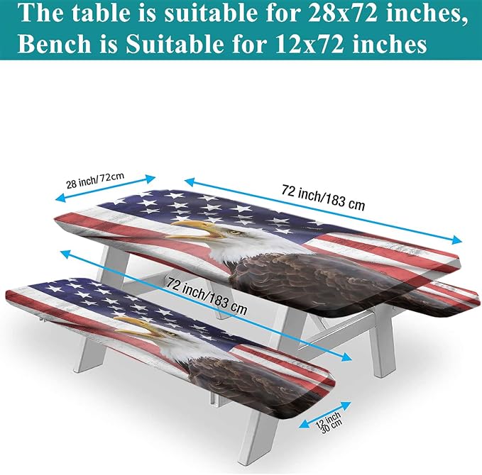 American Flag Picnic Fitted Tablecloth and Bench Seats Cover, 4th of July Independence Day USA Flag Rectangle Elastic Table Cover, 72x28 In, 3 Pcs Set, for Indoor/Outdoor Picnic, BBQ and Dining Use