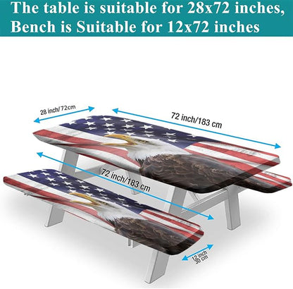 American Flag Picnic Fitted Tablecloth and Bench Seats Cover, 4th of July Independence Day USA Flag Rectangle Elastic Table Cover, 72x28 In, 3 Pcs Set, for Indoor/Outdoor Picnic, BBQ and Dining Use