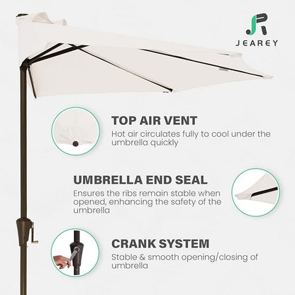 JEAREY 9ft Half Umbrella Outdoor Patio Umbrella Market Umbrellas with Crank, 1/2 Round Wall Umbrella 5 Sturdy Ribs UV Protection for Pool Garden Balcony Deck, Cream White