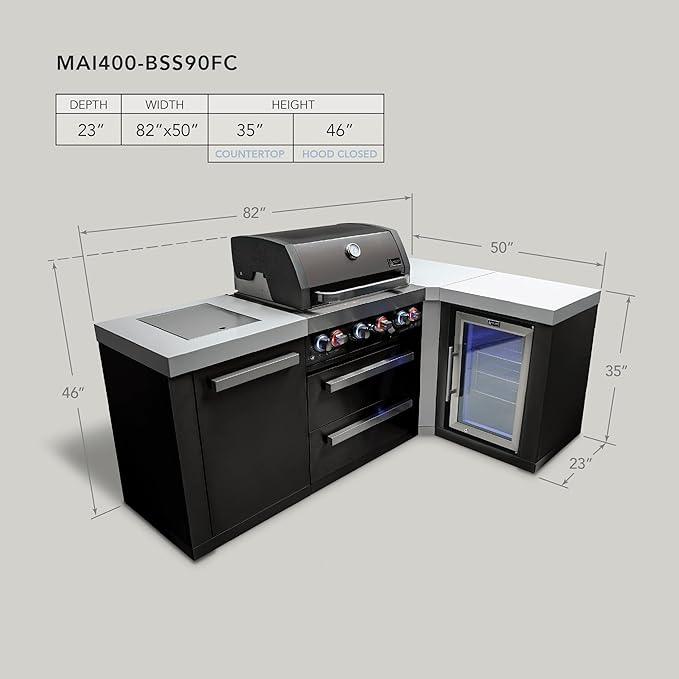 Mont Alpi Premium 82"W x 50"D Black Stainless Steel L-shaped Modular Outdoor Kitchen Island with Refrigerator + 32"W 4-Burner BBQ Gas Grill + Granite Countertops + Storage Cabinets + Drawers + Cover