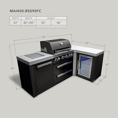 Mont Alpi Premium 82"W x 50"D Black Stainless Steel L-shaped Modular Outdoor Kitchen Island with Refrigerator + 32"W 4-Burner BBQ Gas Grill + Granite Countertops + Storage Cabinets + Drawers + Cover
