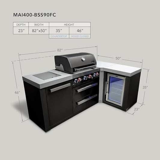 Mont Alpi 82"W x 50"D x 46"H Black Stainless Steel L-shaped Outdoor Kitchen Island with Refrigerator + 32"W 4-Burner BBQ Grill + Granite Countertops + Storage Cabinets + Drawers + Rotisserie + Cover