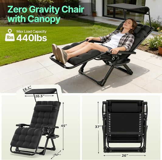 Suteck Zero Gravity Chair with Canopy, Reclining Camping Lounge Chairs | w/Removable Cushion, Upgraded Lock and Cup Holder, Reclining Patio Folding Recliner for Indoor and Outdoor