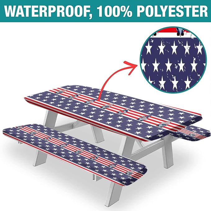 4th of July USA Flag Picnic Fitted Tablecloth and Bench Seats Cover, 28x72 Inch, American Flag with Gnomes Ice Pops Flag Elastic Edged Table Cloth for Indoor/Outdoor Picnic, BBQ and Dining, 3 Pcs Set