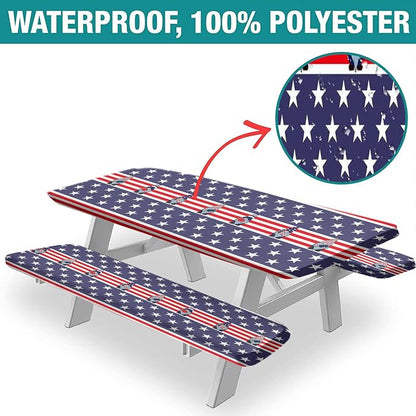 4th of July USA Flag Picnic Fitted Tablecloth and Bench Seats Cover, 28x72 Inch, American Flag with Gnomes Ice Pops Flag Elastic Edged Table Cloth for Indoor/Outdoor Picnic, BBQ and Dining, 3 Pcs Set
