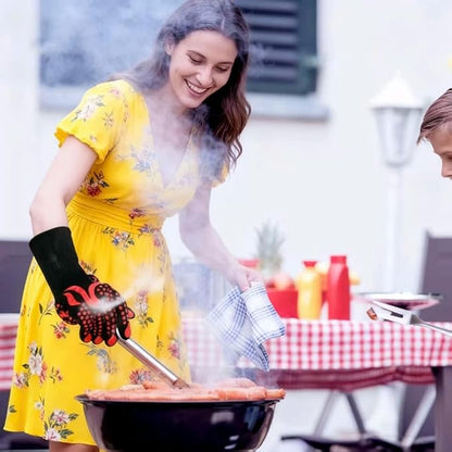 Heat Resistant BBQ Gloves, 1472°F Grilling Gloves with Silicone Non-Slip Grip, Long Cuff Oven Gloves for Barbecue, Cooking, Baking, Smoker, Fryer and Kitchen Use, 1 Pair (Red)