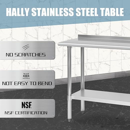 Hally Stainless Steel Table 18 x 48 in, Kitchen Prep Work Table, Backsplash | Expands room for chopping, plating and appliance setup; lower shelf holds supplies close, while rear rim limits splashes too.