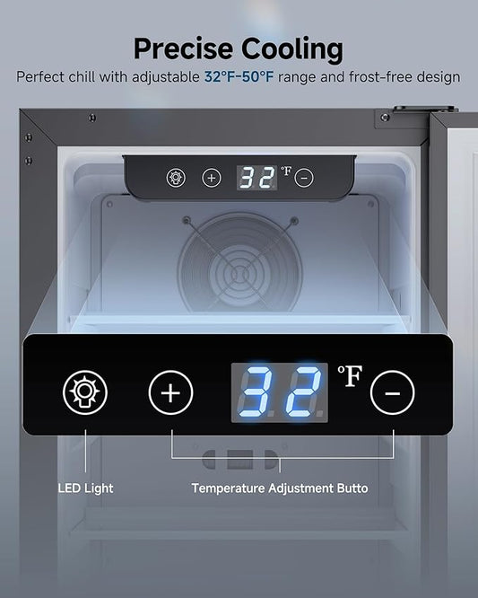 15 Inch Under Counter Beverage Refrigerator, 128 Cans Outdoor Fridge with Adjustable Glass Shelves, ≤45dB Quiet Small Beverage Refrigerator for Outdoor Kitchen & Patio (Black)