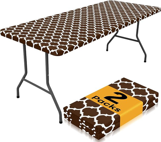 Smiry 2 Pack Rectangle Table Cloth 6 Foot, Waterproof Elastic Fitted Tablecloths, Windproof Washable Polyester Table Cover for Picnic, Camping, Outdoor (Coffee, 30"x72")