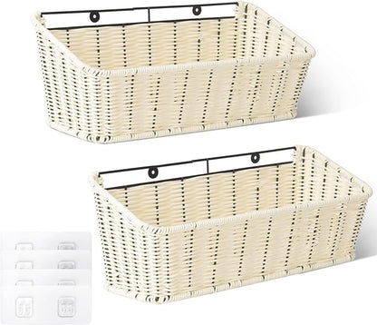 GRANNY SAYS Wicker Hanging Basket, 2 Pack Storage Baskets for Organizing, Adhesive Wall Mount Fruit Basket, Kitchen Organization Hanging Shelves, Storage Cabinet Door Organizer, Off White