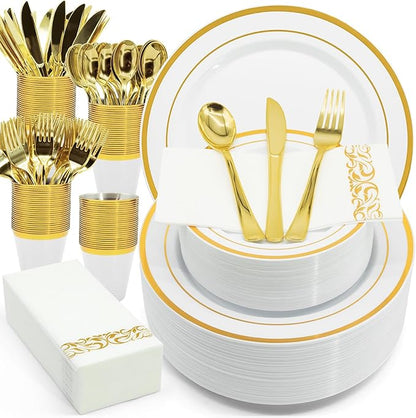 AIRE 350PCS Gold Plastic Plates for Party Supplies Dinnerware Sets for 50 Guests, Disposable Plastic Party Plates, Cups, Spoons, Forks, Knives, Napkins for Wedding Birthday Thanksgiving BBQ Parties