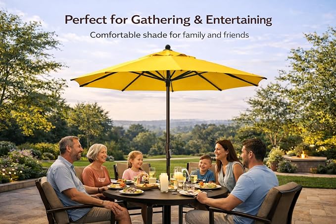 Treasure Garden Octagonal 9 ft Patio Umbrella - Outdoor Furniture Table Umbrella – Push-Button Tilt – Bronze Aluminum Frame (Obravia2, Lemon)