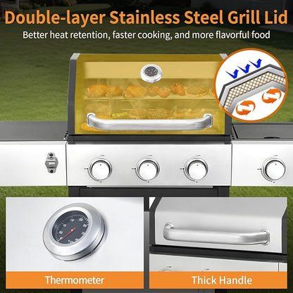 3 Burner Propane Gas Grill, 39,000 BTU Outdoor BBQ Grill with Side Burner and Cast Iron Grates, Cabinet Style Storage Gas Barbecue Grill for Backyard Patio