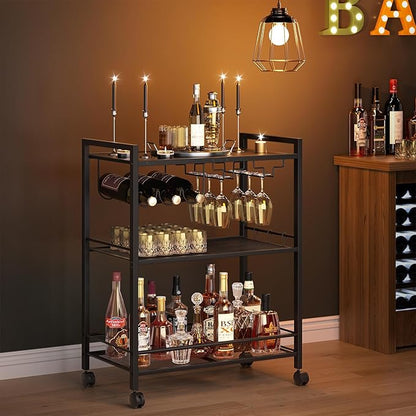 Joaxswe Bar Cart,3-Tier Home Bar Serving Cart with Lockable Wheels,Black | Microwave Cart,Mobile Kitchen Shelf,Rolling Beverage Cart with Wine Rack and Glass Holder for Kitchen,Dinning Room
